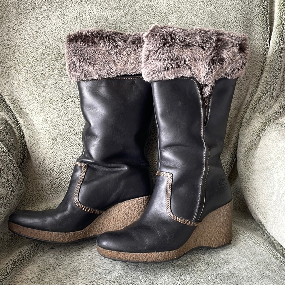 🔥 Timberland Genuine Upper Leather Wedge Faux Fur Boots